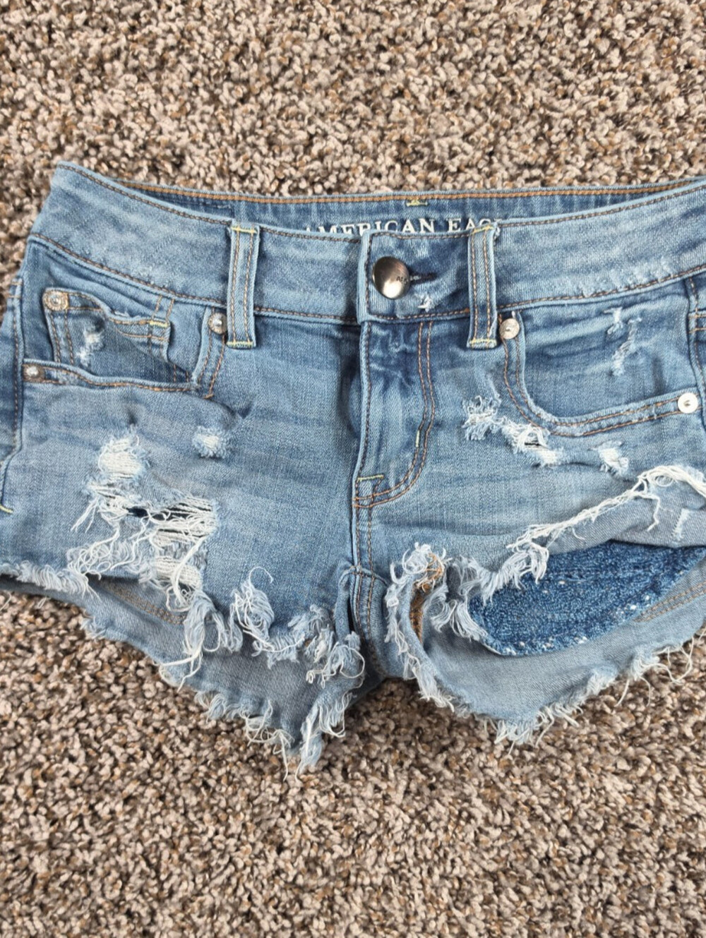 American Eagle Womens Sz 00 Cut Off Denim Shortie Shorts Distressed Blue Jean